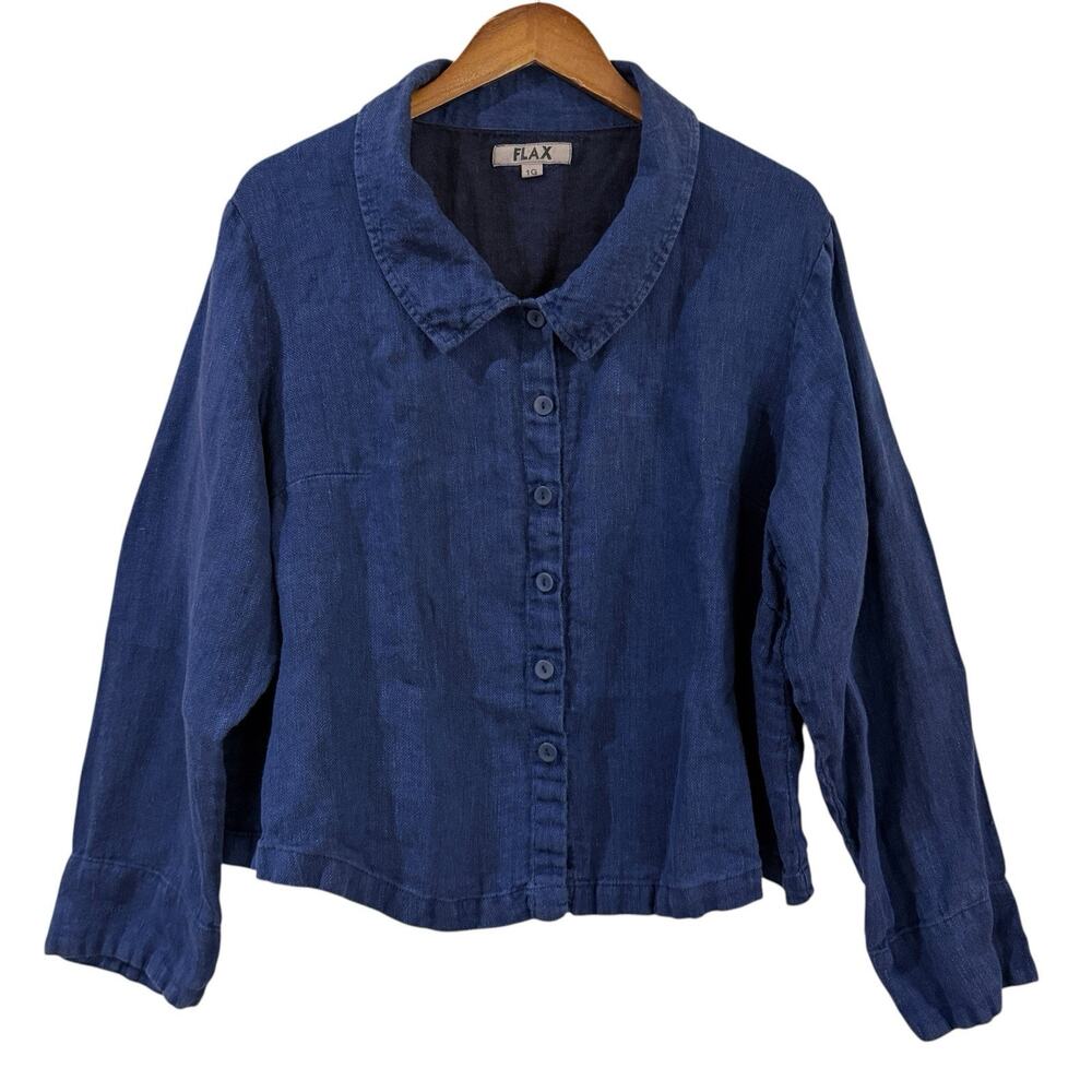 FLAX Linen Shirt Womens 1G Navy Blue Collared Button Up Long Sleeve Cropped Boxy